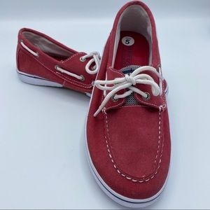 woman’s sperry top sider Red canvas white laces 5